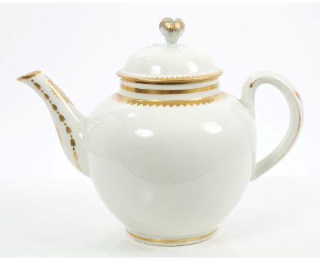 18th century Worcester large globular teapot and domed cover, with loop handle and flower knop, decorated in gilt in the Lond