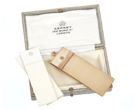 1930s Asprey gold (9ct) aide-mémoire, the notepad with hinged cover and engine-turned decoration, together with five original