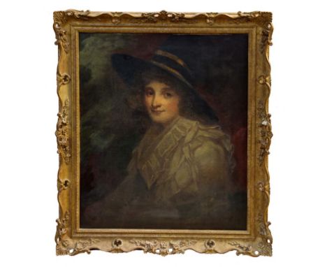 G. F. Clarke after Romney, oil on canvas - portrait of Mrs Morier, inscribed verso 'After Romney by G. F. Clarke', 82cm x 62c