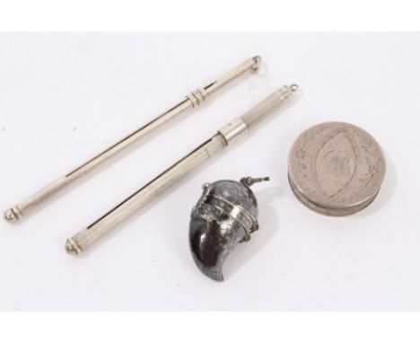 Unusual late 18th / early 19th century double-hinged white metal case in the form of a horn, containing a compass with bird p