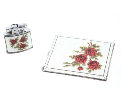 1950s ladies' silver and enamel cigarette case and matching lighter decorated with red roses on a cream guilloche enamel grou