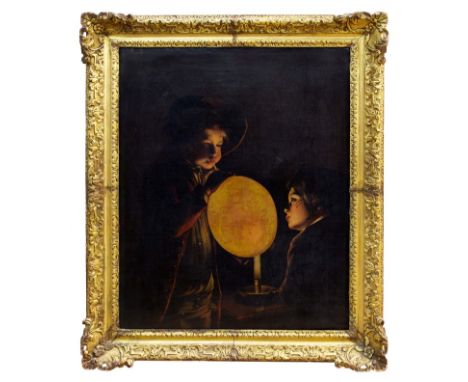 After Joseph Wright of Derby (1734 - 1797), 19th century oil on canvas - boys blowing up a bladder by candlelight, 90.5cm x 7