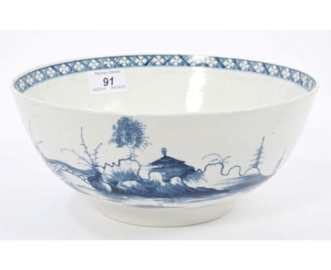 18th century Worcester blue and white punch bowl painted with the Precipice pattern, circa 1765 - blue crescent mark, 23cm di