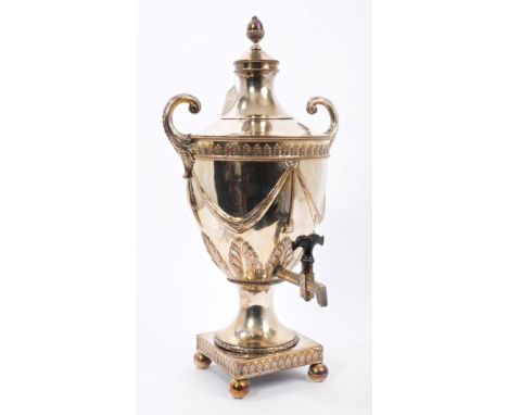Early 19th century silver plated samovar with neoclassical leaf and ribbon decoration, open scroll handles and ebony tap, sli
