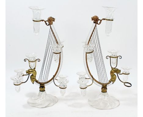 Unusual pair of 19th century Continental gilt metal and blown glass epergnes, each in the form of a harp with dragon and lion