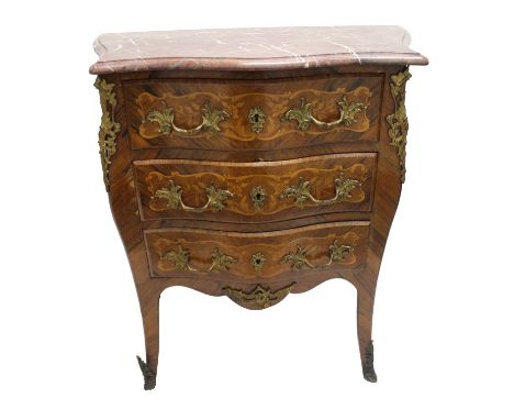 Louis XV-style walnut and foliate marquetry inlaid and ormolu mounted bombe commode, the shaped variegated rouge marble top o