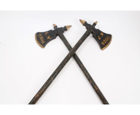 Pair Victorian Ancient Order of Foresters ceremonial painted wooden axes with most original black and gilt decoration - the a