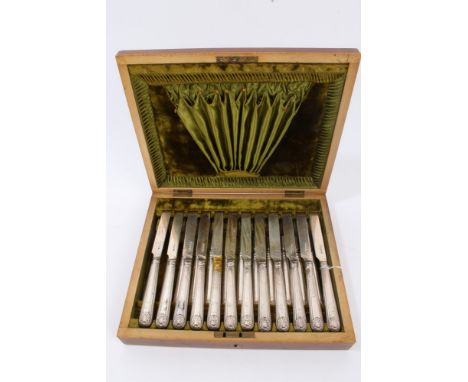 Set of twelve pairs Victorian fruit knives and forks with silver blades and silver shell and thread pattern handles, in origi