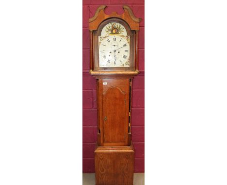 Early 19th century Scottish longcase clock with eight day movement, 12 inch painted break arch dial with thistle and rose spa