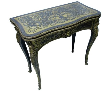 19th century Boulle work card table of serpentine outline, the hinged top inlaid with figures, animals and rococo scrollwork,