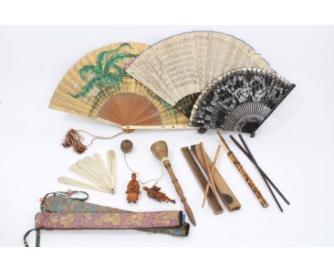 Late 19th century Japanese fan with Shibyana insect-inlaid ivory stays and painted bird and figure decoration, two Chinese go