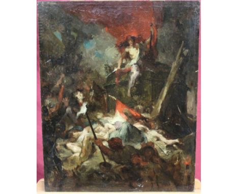 Manner of Eugène Delacroix (1798 - 1863), late 19th century oil on panel - Revolutionary scene, 55cm x 44cm, unframed