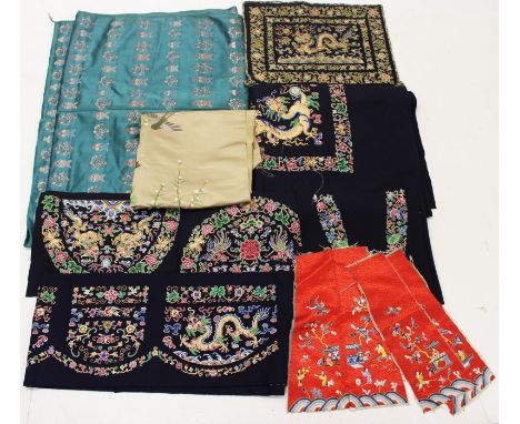Collection of late 19th century Chinese textiles - including embroidered silk sleeve panels, gold and silk thread embroidered