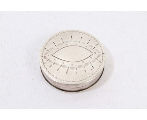 George II silver circular patch or counter box with bright cut decoration in the form of an eye (Birmingham 1795), Samuel Pem