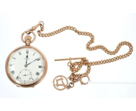 Gentlemen's gold (9ct) open face pocket watch with Swiss 15 jewel button-wind movement, retailed by J. W. Benson, in rose gol