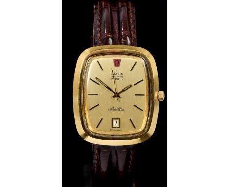 1970s gentlemen's Omega Electronic f300 Hz DeVille Chronometer wristwatch with gold dial and date aperture in gold plated cas