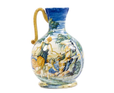 19th century Italian Majolica ewer with painted figure of Justice holding a sword and scales, with a cherub in a rocky landsc