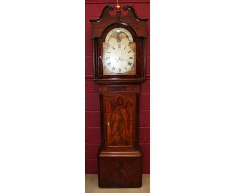 Late 18th / early 19th century longcase clock with eight day movement with 14 inch painted dial, painted female spandrels, ri