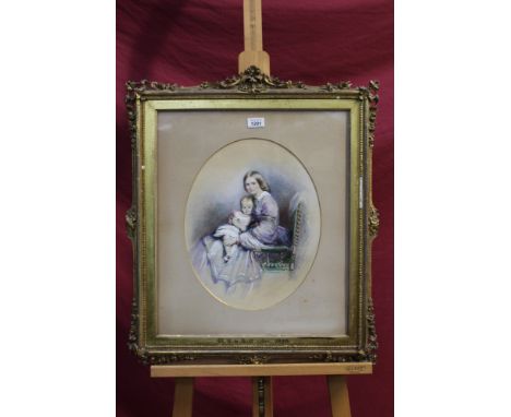 Ann Mary Severn (1832 - 1866), oval watercolour - portrait of a mother and child, Henrietta and Ella Chester, signed and date