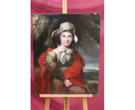 19th century English School oil on canvas - portrait of a lady in extensive landscape, wearing a red shawl, 76cm x 61cm, unfr
