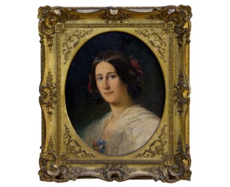 English School (mid-19th century), oil on canvas - portrait of a lady in white dress wearing flowers in her hair, oval, 53cm 