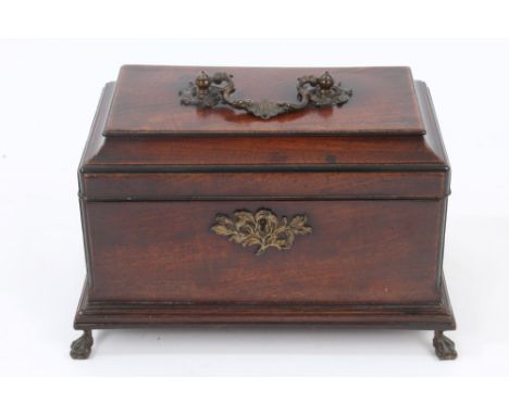 Fine mid-18th century mahogany tea caddy with ornate rococo scroll and shell surmounting swing handle and fitted interior, on