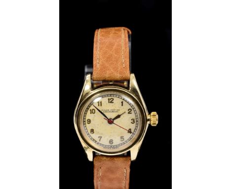 1940s Rolex Chronometer gold wristwatch with circular dial, applied gold numerals and minute track, centre red seconds hand i