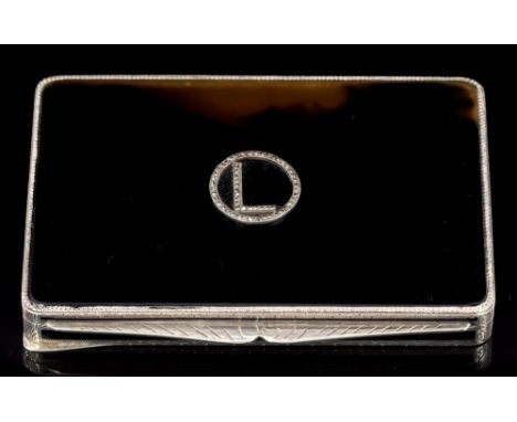 1930s Asprey silver box with rectangular hardstone panel inset to the lid with marcasite initial 'L' within a circle, black e