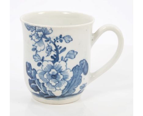 18th century Worcester coffee cup with slightly everted rim and notched loop handle, painted in underglaze blue with the Corm