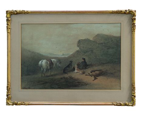 Edward Robert Smythe (1810 - 1899), pastel - a Highland stag hunting group, signed, in glazed gilt frame, 32cm x 46cm