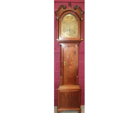 Late 18th / early 19th century longcase clock with eight day movement, 13 inch break arch dial with scroll and foliate spandr