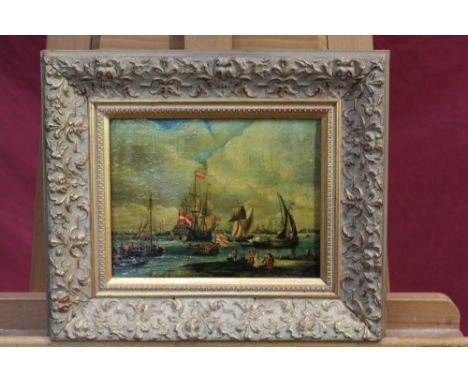 Manner of Abraham Storck, antique oil on panel - shipping off the coast with figures on the shore, in gilt frame, 16cm x 21cm