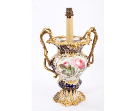 Victorian Samuel Alcock vase converted to electric table lamp with twin gilt branch handles, painted landscape and rose reser