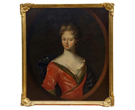 Circle of Michael Dahl (1659 - 1743), oil on canvas laid down onto board - half-length portrait of a lady in red dress with b