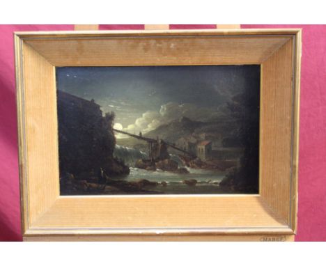 Follower of Sebastian Pether (1790 - 1844), oil on panel - moonlit falls with figure above on a bridge, signed - Ewens, in gi