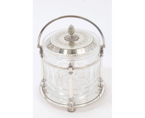 Victorian cut glass biscuit barrel in a silver plated swing-handled frame with turned columns and beaded decoration, separate