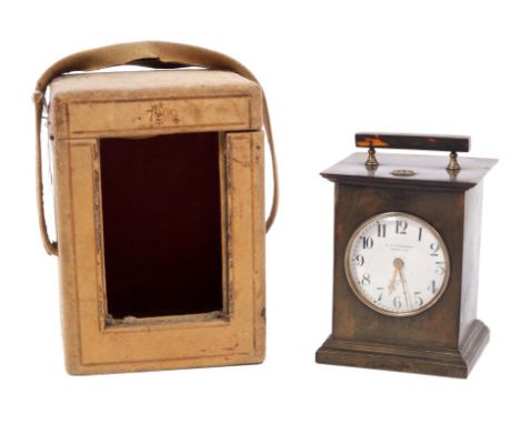 Late 19th century carriage clock with French eight day timepiece movement with lever escapement, white enamel dial with Arabi