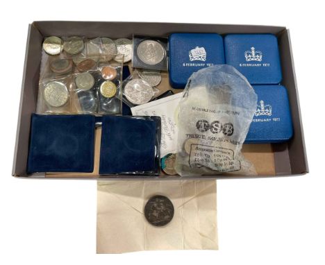 1821 George IV crown, Royal Mint 1977 silver proof coins with boxes, Golden Wedding Guernsey silver proof one pound coin, etc
