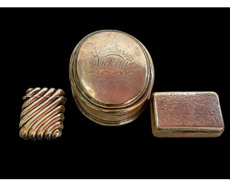 Engraved silver snuff box with gilt interior, Birmingham 1912, silver vesta and silver powder box.