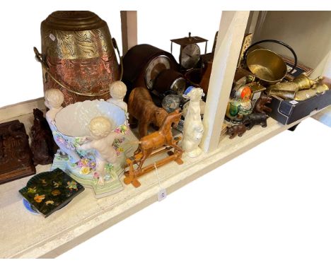 Copper and brass lidded bucket, ornate Cupid centre piece, carved wooden bears, mantel clocks, wall clock, metalwares, etc.