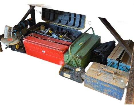 Five boxes of various tools, fret saw, etc.