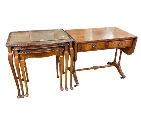 Bevan Funnell Ltd Reprodux mahogany corner washstand, mahogany two drawer sofa coffee table and walnut nest of three cabriole