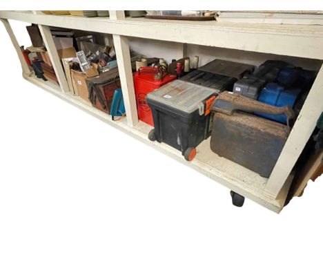 Collection of tools, petrol cans, costume jewellery, alcohol, fishing equipment, etc.