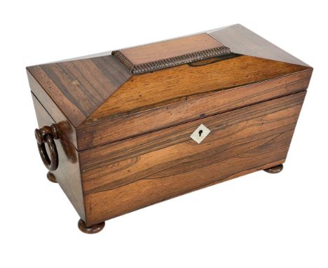 Rosewood tea caddy with inner boxes and glass bowl.