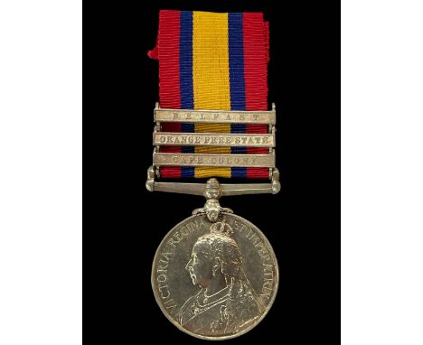 Boer War Queens South Africa medal awarded to 7747 PTE. J. Atkins, K. R. R. C., with three clasps Belfast, Orange Free State 