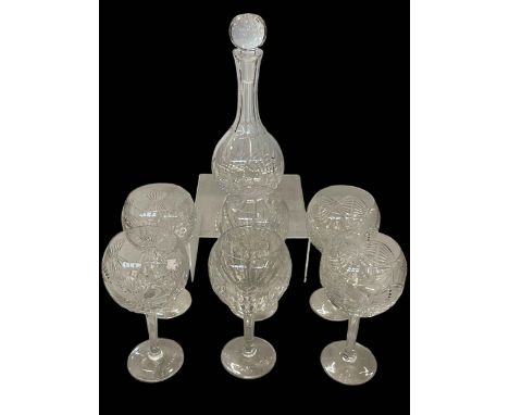 Six Waterford Crystal Millennium toasting balloon wine glasses (three pairs) and glass decanter.