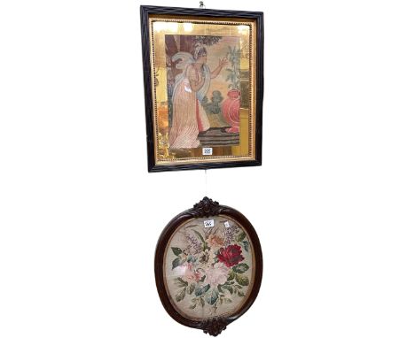 Georgian framed embroidery, oval framed floral tapestry and box of vintage embroidery.
