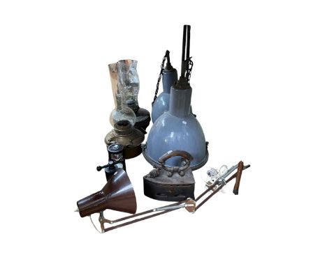 Vintage ceiling lights, two paraffin lamps, angle poise lamp, flat iron, walking sticks, safe etc.