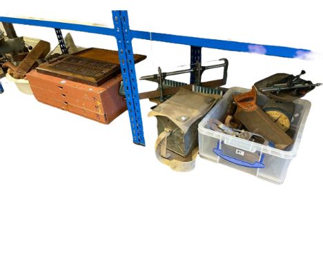 Collection of joinery tools including chisels, saws, planes, WWII signal lamp, etc.