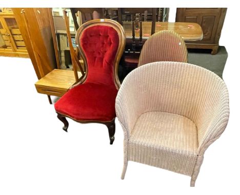 Victorian mahogany framed spoon back nursing chair, two Lloyd Loom bedroom chairs, Lloyd Loom linen bin and teak cheval mirro